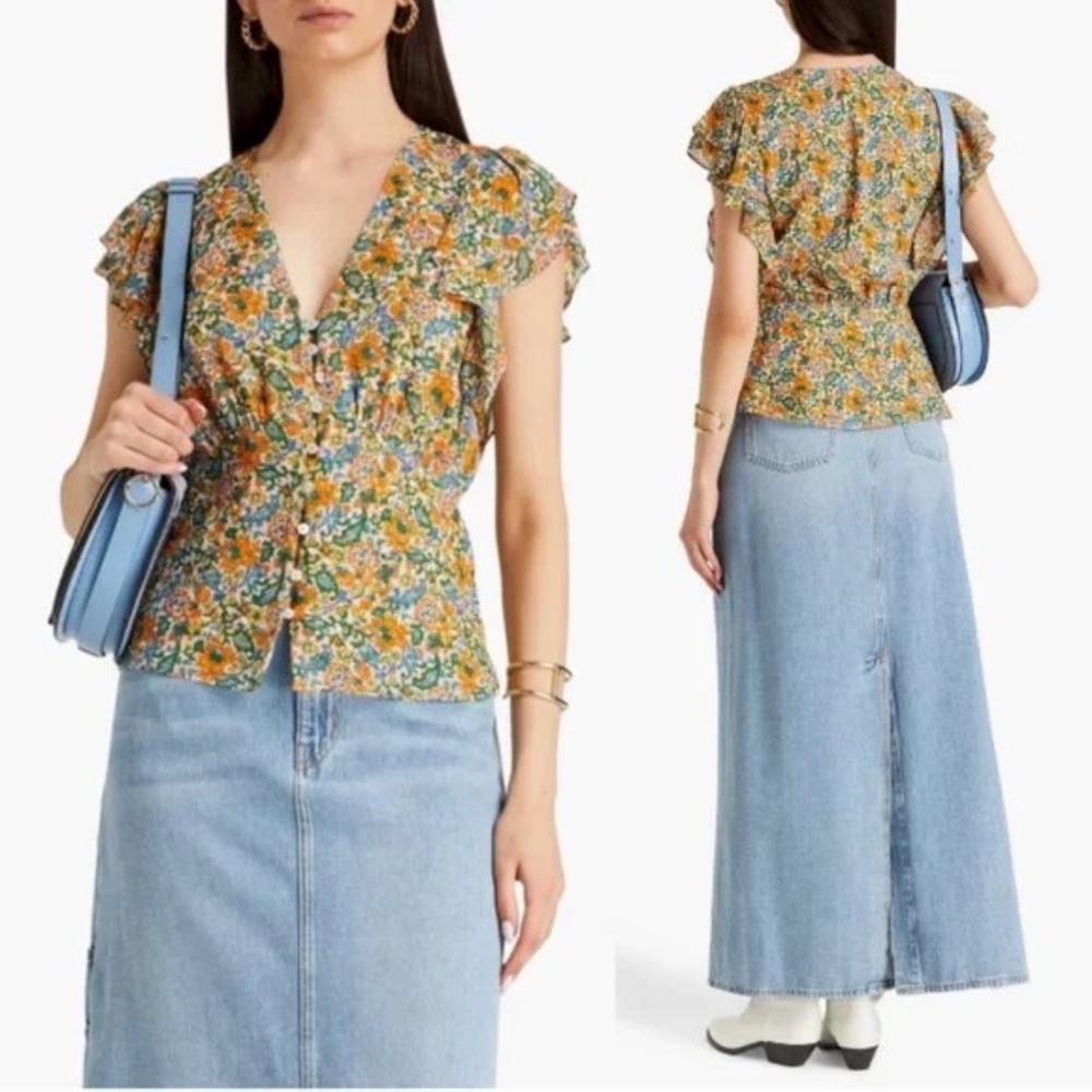 Veronica Beard silk Polly flutter sleeve V-neck top floral ruffle button front